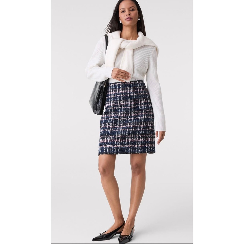 LOFT Womens Navy Blue Plaid Tweed Mini Skirt Textured Career Pencil Skirt